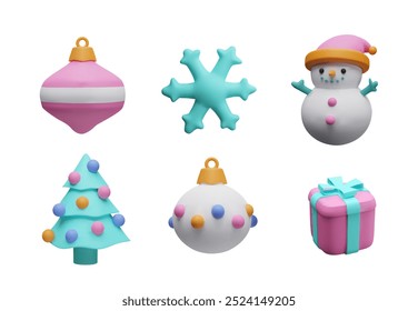 Set of Christmas festive elements for design. Holiday decoration balls toy, gift box, Christmas tree, snowman, snowflake. Realistic 3d objects in cartoon style vector illustrations set