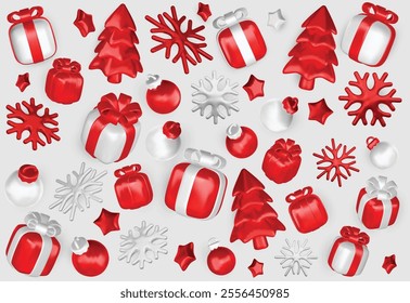 Set of Christmas festive elements for design. Holiday Decoration Shop bag, gift box, cone toy, christmas tree, xmas candy cane, snow globe. Realistic 3d object in cartoon style. vector illustration