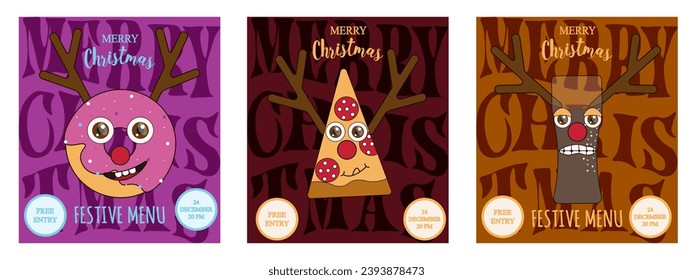 Set Christmas festive Street Food posters design. Collection template holiday menu cover. Creative pizza, donut, glass of soda with reindeer horn. Vector illustration for web, social media and print