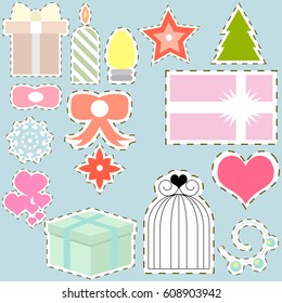 Set of christmas and festive vector stickers, separated decorative objects