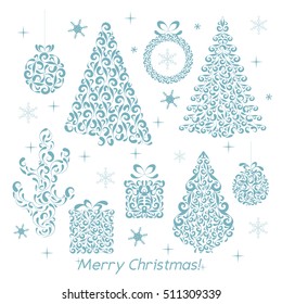 Set of Christmas figures of curls. Decoration template for greeting cards, invitations, interior decorative elements. Tree, cactus, wreath, ball, gift, snowflake. Vector illustration.