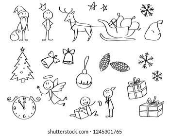 Set of Christmas figures, hand drawn thematic sketches. 