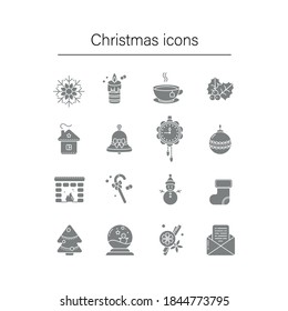 Set of Christmas filled icons. New year. Vector illustration design. Snowflake, candle, cup, berries, bell, clock, ball, fireplace, lollipop, snowman, sock, Christmas tree, snow globe, cinnamon.
