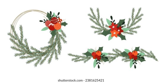 Set of Christmas fir or spruce garlands. Christmas wreaths with poinsettia, mistletoe leaves, fir branches, holly berries and balls. Vector illustration.