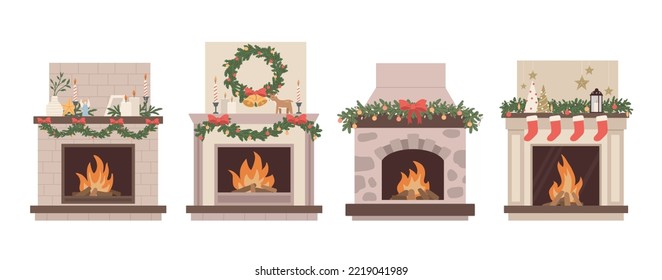 Set of Christmas fireplace with decoration, garland, wreath, candles. Home winter holiday decor. Happy New year. Flat vector illustrations