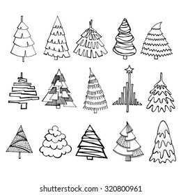 Set of the Christmas fir-trees drawn by hand in a different manner on a dark background with the falling snowflakes. Vector.