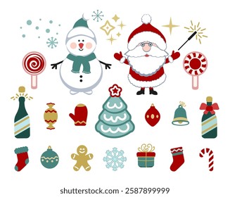 Set of Christmas flat colorful icons. Santa, snowman, christmas free, gingerbread, gift box. Flat design,