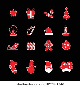 Legen Sie Weihnachtsbilder in flacher Schrift mit roten, dünnen Linien auf schwarzem Hintergrund fest. Ornamente und Dekoration, flaches Design. Illustrator, Vektorgrafik.