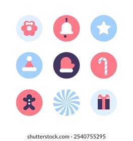 Set of Christmas flat icons. Holiday symbol. Set of icon of New Year. Christmas wreath, bell, Christmas ball, falling star, gift, Santa's hat, gingerbread man, candy. Vector illustration