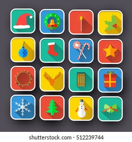 Set of christmas flat icons with holiday decorations and winter entertainments on dark background isolated vector illustration