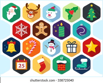 Set of Christmas flat icons with long shadow. Contain different icons from characters to winter and Christmas objects.