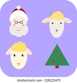 Set of Christmas flat icons with Santa Claus, sheep, goat, and a Christmas tree