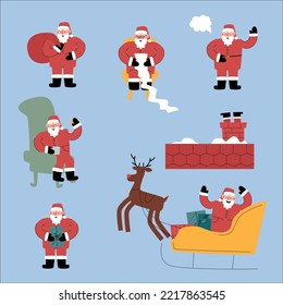 Un conjunto de ilustraciones planas de Navidad . Gracioso y feliz personaje de Santa Claus con un regalo, una bolsa de regalos, con un ciervo, en una silla, saludando y saludando. Para tarjetas de Navidad, carteles, biryukov y etiquetas