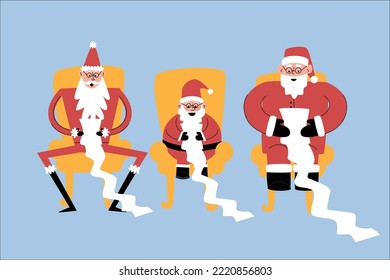 A set of Christmas flat illustrations isolated on white.Different funny happy Santa Claus character with reading letters in a chair. For Christmas cards, banners, biryukov and labels.