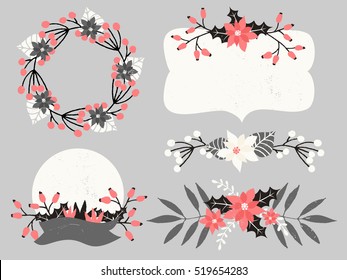 A set of Christmas floral arrangements, labels and wreaths in white, red, gray and black. Winter wedding invitation, Christmas party, bridal shower vintage design elements.