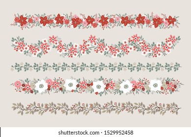 Set of Christmas floral borders, strings, garlands or brushes. Party decoration with fir, oak and eucalyptus tree branches, poinsettia, roses, narcissus flowers and holly berries. Isolated vectors.