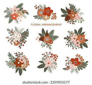 Set of Christmas and floral clipart elements, winter bouquets. Cute hand drawn vector scandinavian style illustraton with floral arrangements, warm Christmas objects