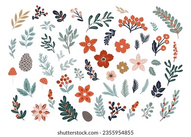 Set of Christmas and floral clipart elements. Cute hand drawn vector scndinavian style illustraton, warm Christmas objects