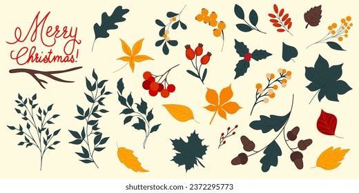 Set of Christmas and floral clipart elements. Cute hand drawn vector scndinavian style illustraton, warm Christmas objects