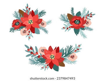 Set of Christmas floral design elements. Flowers, leaves, needles, berries. Vector illustrations