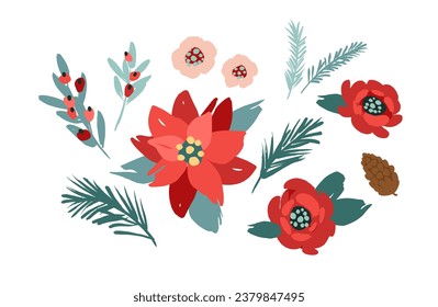 Set of Christmas floral design elements. Flowers, leaves, needles, berries. Vector illustrations