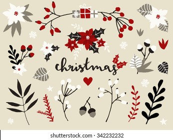 A set of Christmas floral elements - holly, poinsettia, acorn, leaves and brances, in white, red, gray and black.