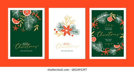 Set of Christmas floral greeting card templates with handwritten calligraphy. Trendy vintage style. 