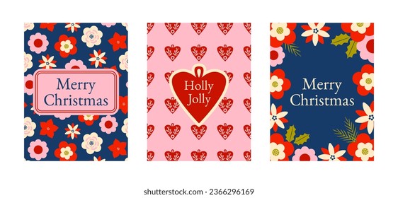 Set of Christmas floral greeting cards in retro vintage style. Happy New year. Scandinavian. Folk festive background, banner, cover, web template.