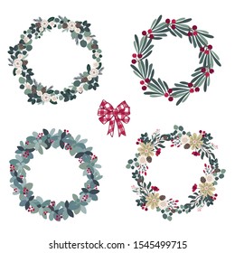 Set of christmas floral wreaths in modern farmhouse natural style, winter season flower arrangement for cards, posters, tags, banners decoration in scandinavian style.