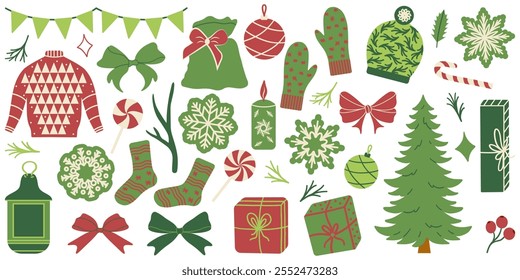 Conjunto de Navidades y Elementos Clipart de flores. Linda Ilustración vectorial dibujada a mano en colores verdes, artículos de Navidades calientes, árbol de Navidad, regalos, ropa, renos