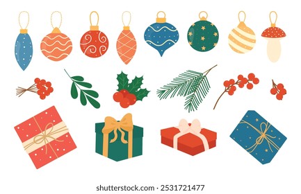 Set of Christmas flowers, berries, balls and gift boxes. Traditional New Year symbols, elements and decorations christmas tree. Vector illustration, flat style.
