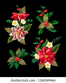 Set of Christmas flowers bouquets with golden elements. 