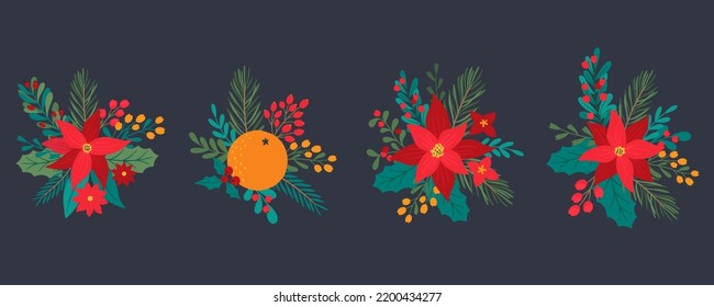 Set of Christmas flowers. Christmas and Happy New Year collection with christmas flowers, needles, poinsettia, mistletoe, holly leaves,  branches with berries. orange. Isolated vector element.