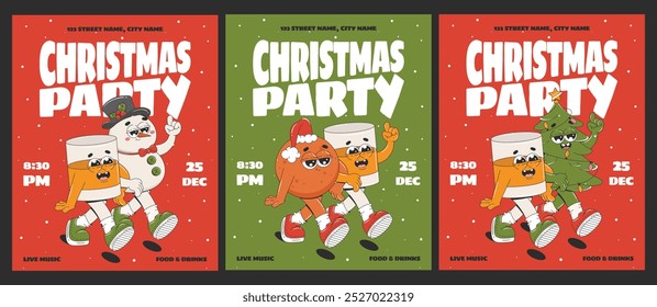 Set of Christmas flyers or party invitations with groovy cartoon characters. Snowman, Christmas tree, tangerine, whiskey. Vector illustration for celebration event.