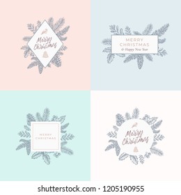 Set of Christmas Foliage Cards, Signs or Logo Templates. Abstract Hand Drawn Christmas Illustrations with Borders and Classy Typography. Good for Greetings, Invitations and Decor. Pastel Backgrounds.