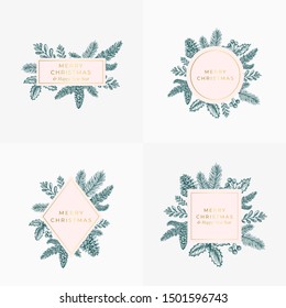 Set of Christmas Foliage Cards, Signs or Logo Templates. Hand Drawn Christmas Illustrations with Borders and Classy Typography. Good for Greetings, Invitations and Decor. Golden and Pink Backgrounds.