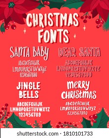 Set of Christmas fonts. Holiday typography alphabet with season wishes and festive illustrations. Handwritten script for holiday new year celebration. Design vector with hand-drawn lettering. svg