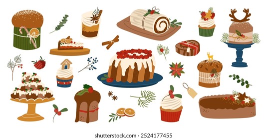 Set of Christmas food. Collection of Christmas cakes or cute winter holiday pies with holly berries. Holiday pudding, baked dessert hand drawn vector illustration. Traditional festive homemade cakes.