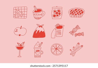 Set of Christmas food and drinks in hand drawn doodle style, vector illustration. Concepts of winter holidays. Cookies, pie, pudding, candy, cocoa drink, cinnamon sticks.