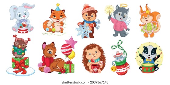 Set Christmas Forest Animals. Cartoon vector illustration