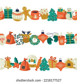 Set of Christmas frames. Christmas border. Ribbon from Christmas elements. Seamless Christmas pattern. Vector image.