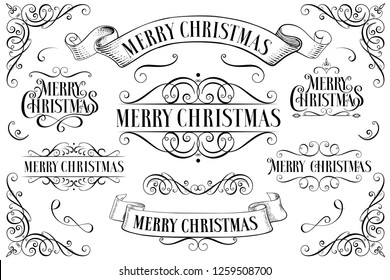 Set of Christmas  frames. Christmas Callygraphic - hand drawn inscription. Lettering. Text for greeting card. Greeting card 