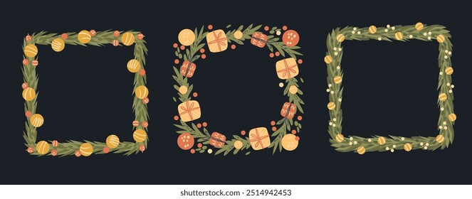 Set of Christmas Frames decorated with Holiday Baubles, greenery, and Presents. Holly leaves Wreath with Berries in a Square Shape for Greeting cards, invitations, and scrapbook designs