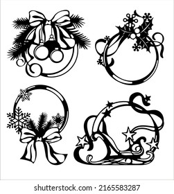 Set mit Weihnachtsrahmen. Dekoration von Tannenästen, Zapfen, Garland, Bögen, Bälle, Sterne, mit einem Schneemann und Weihnachtsmann. Vektorvorlage für Plotter-Laserschneiden (cnc) von Papier, Pappe, Sperrholz.