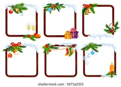 Set of christmas frames for labels and stickers with branches of spruce or pine, decorated with champagne glass, candle and bell isolated on white.