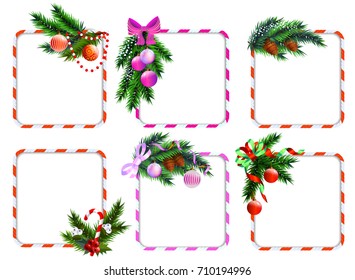 Set of christmas frames for labels and stickers with branches of christmas tree or pine, decorated with glass balls.
