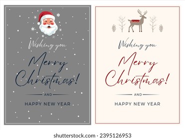 Set of Christmas frames, poster minimalist style. New year Merry Christmas design. Simple winter card Santa Claus, deer. 