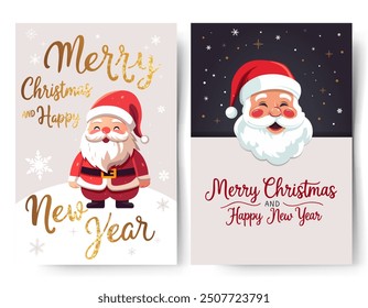 Set of Christmas frames, poster with Santa Claus and golden lettering. New year Merry Christmas design. Winter cards.