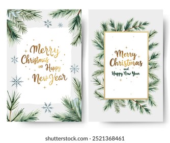 Set of Christmas frames, poster with watercolor fir branches and golden lettering. Winter cards.