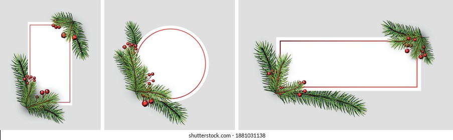 Set of Christmas frames. Square, round. Spruce branches with holly berries. Vector holiday illustration.